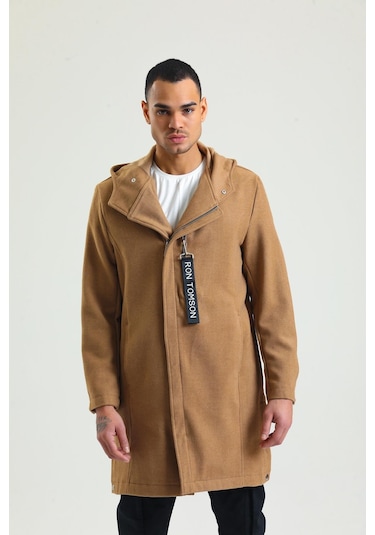 Erkek Regular Fit Kapüşonlu Fermuarlı Cepli Kışlık Astarsız Yünlü Uzun Kaşe Kaban 001