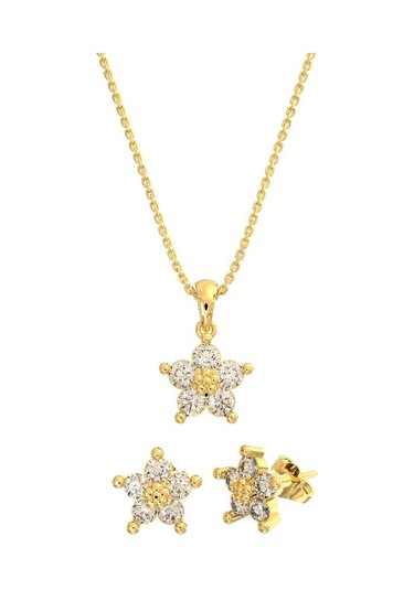 Roza Silver Zirkon Taşlı Gold Manolya Çiçeği Kolye Küpe 2'li Gümüş Set Rs10040