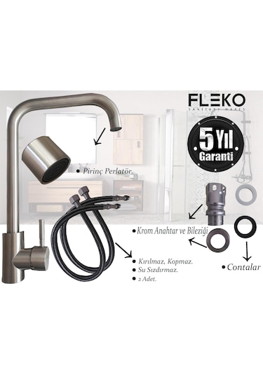 Fleko Inox Mutfak Eviye Bataryası Mutfak Musluğu Tek Gövde Pirin