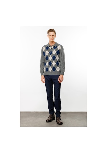 Desen Triko Erkek Polo Yaka Önü Baklava Desenli Yün Kazak 24513 Füme Füme