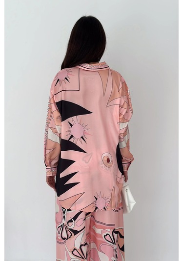 Modal Saten Kumaş Desenli Takım Pembe Pembe