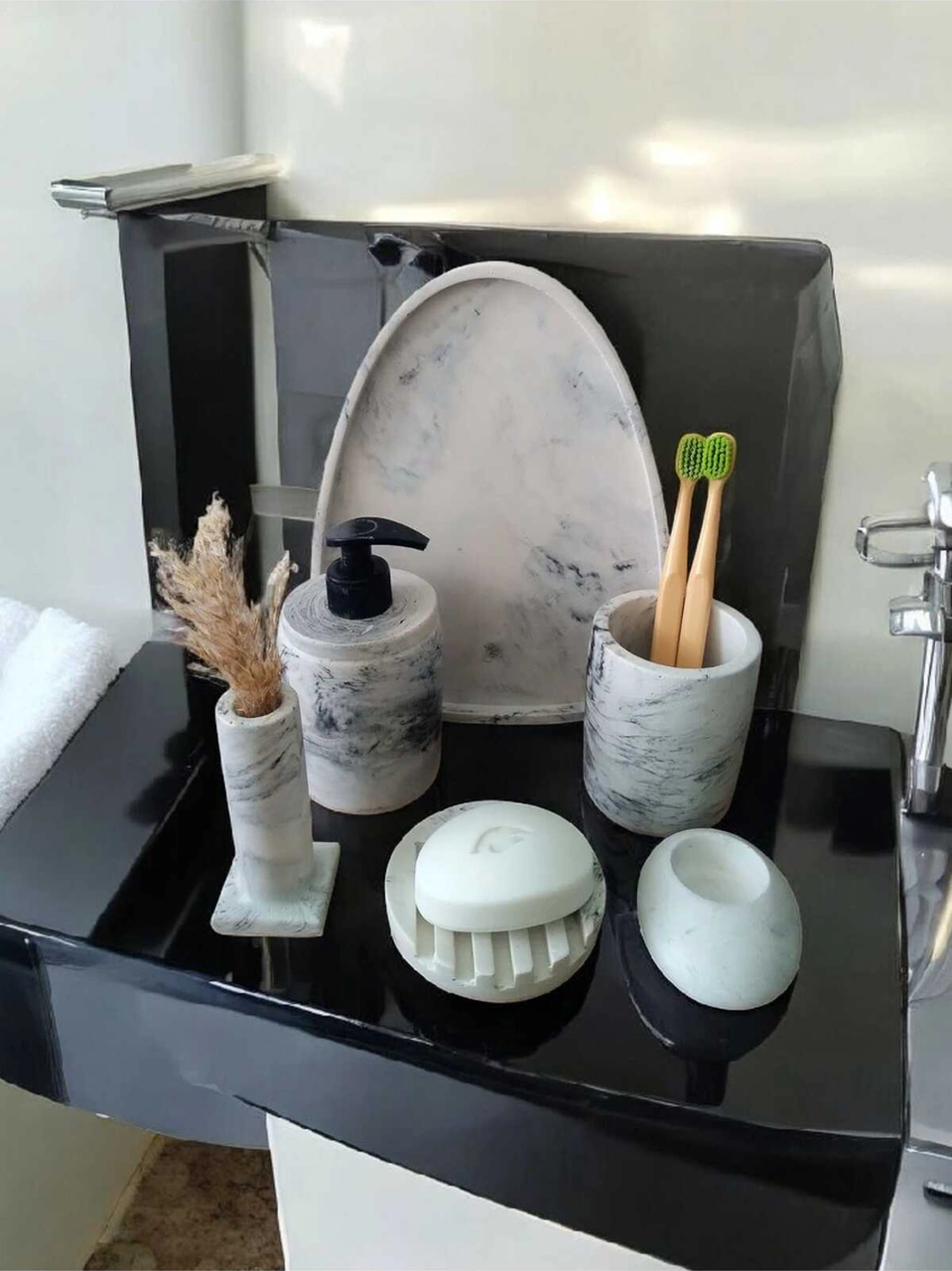 6'lı Mermer Desen Beton Banyo Seti ,sıvı Sabunluk Diş Fırçalığı Aksesuar Takım Gri