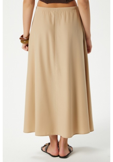 Kadın Seaside Vizon Astarlı Bel Lastikli Cepli Dokuma Uzun Etek Vizon