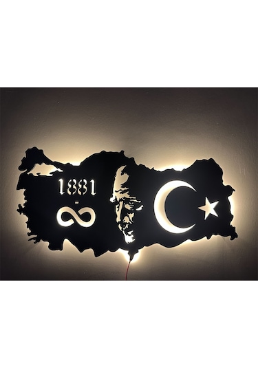 Özel Atatürk Ve Türkiye Haritası Led Işıklı Tasarım Tablo Ahşap D