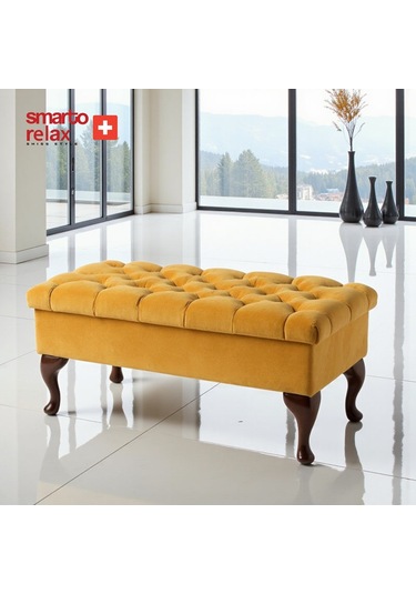 Smarto Relax Puf Mürren Sandıklı Ayaklı Kapitoneli Dekoratif 100x40x45 Cm Sarı Sarı