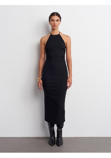 Dilvin 91518 Halter Yaka Midi Elbise-siyah Siyah