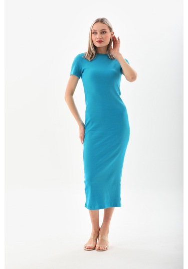 Turkuaz Kısa Kollu Diz Altı Fitilli Esnek Kalem Elbise  130 CM Turkuaz