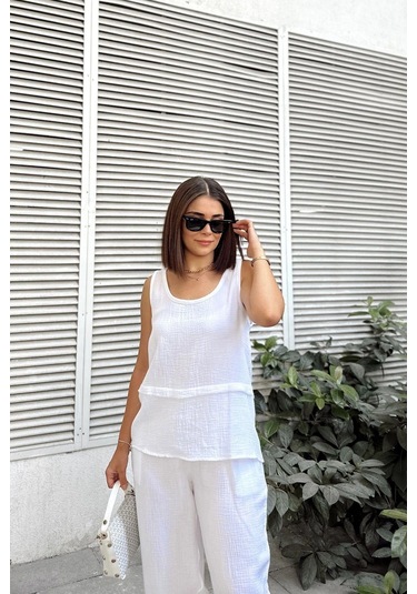 Beyaz İthal Müslin Kumaş, Basic, Katlı, Salaş Askılı Bluz & Atlet Beyaz