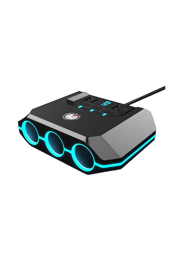 Youtek Siyah Araç Şarj Adaptörü: 3 Çıkışlı Prizi + 4 Usb Hızı 3.4a , Led Voltaj Göstergeli, 12-24v Evrensel, Çoklu Koruma Fonksiyonlu