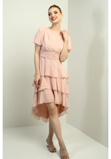Kadın Kruvaze Yaka Arkası Fermuarlı Katkat Pileli Şifon Elbise-40814 Pudra