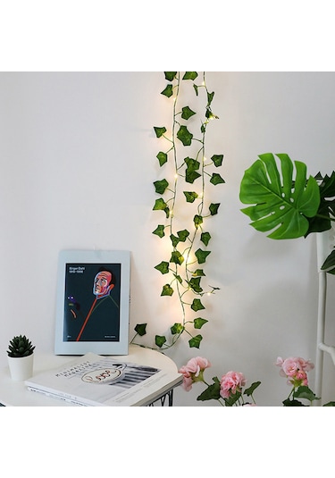 Qingmipy Yapay Tatlı Patates Yapraklı 2.2m 25 Işıklı Bakır Tel Dekoratif Oda Aydınlatma Yeşil