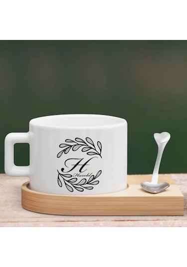 Bk Gift Kişiye Özel Baş Harf İsimli Ahşap Altlıklı Seramik Fincan-4 , Meslek Hediyesi, Yeni İş Hediyesi Kobitmeyen138073 Bk Gift