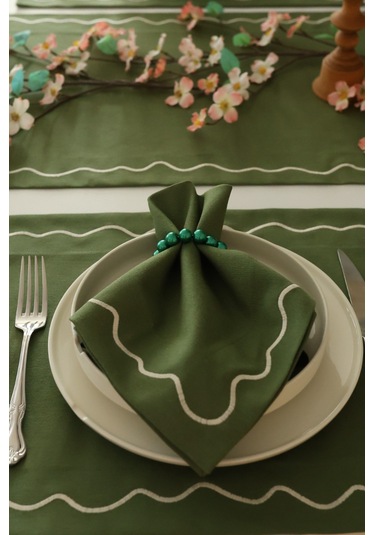 Yakacihome Florina Yeşil 4amerikanservis,1runner,4peçete, 4peçetehalkası Duck Keten Yıkanabilir Leke Tutmaz Set Haki