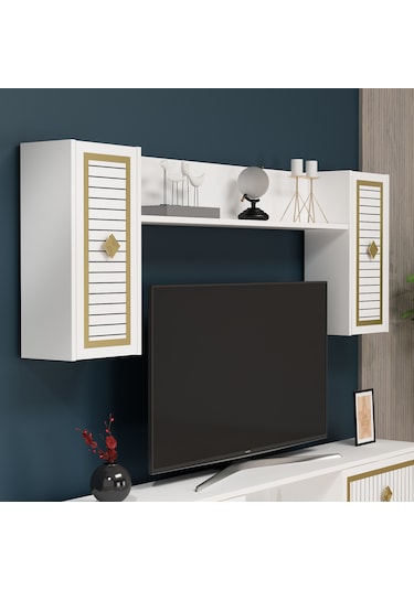 Nil Şömineli Tv Ünitesi Beyaz-altın