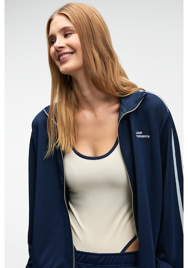 ZINNIE Kadın Regular Nakış Ve Yan Şerit Detaylı Metal Fermuarlı Dik Yaka Lacivert Ceket