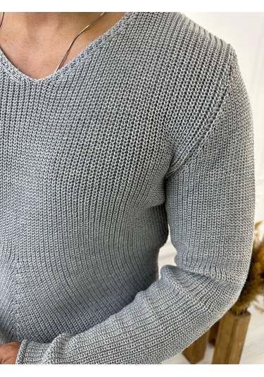 Kazak Naturel Örme Pamuk Tüylenmeyen Triko Kazak Gri