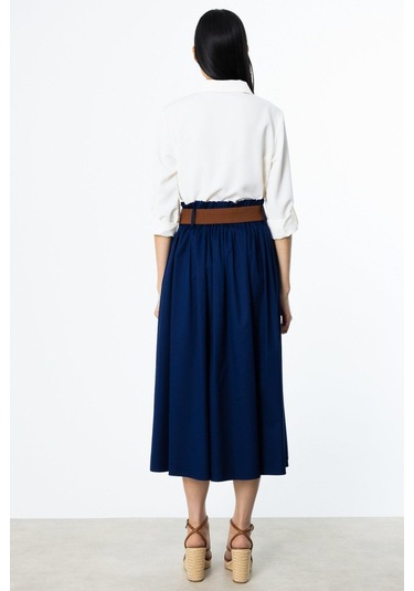 Ekol Yüksek Bel Kemerli Karışım Kumaş Etek-5654 Lacivert
