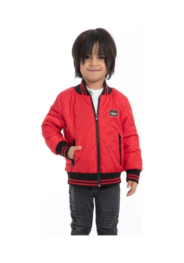 Erkek Çocuk Kırmızı Kolej Yaka Içi Astarlı Su Ve Rüzgar Geçirmez Fermuarlı Cep Mont Ceket Kırmızı
