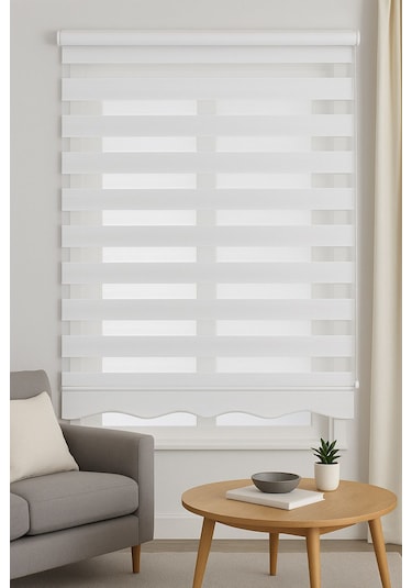 Geniş Pliseli Etek Dilimli Ekru Beyaz Zebra Stor Güneşlik Perde Beyaz