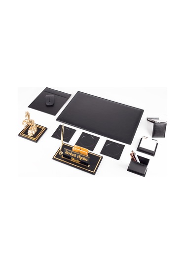 Opta 10 Parça Şahlanan At Biblolu Siyah Deri Sümen Seti Takımı Gold Kalem Ofis Masa İsimliği Lüks İsimlik
