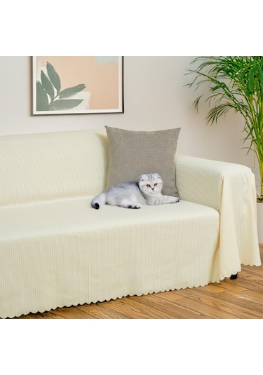 Mikrofiber Şönil Fitilli Minimalist Koltuk Örtüsü -175x350 Cm Xlarge, Çift Taraflı, Kaymaz, Terletmez Ekru Ekru