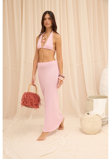 Mai Collection Pangestu Üçgen Pembe Crop Etek Triko Takım