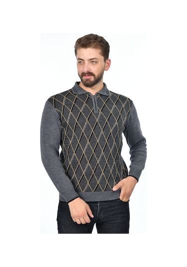 Kamalı Erkek Çelik Örgü Baklava Desenli Gömlek Yaka Fermuarlı Polo Yakalı Tüylenmez Triko Kışlık Baba Kazak Gri