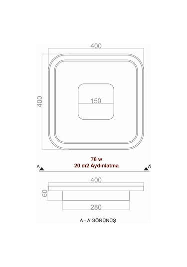 Tavan Led Avize Plafonier Orta Işıklı 40x40cm Siyah - Sarı