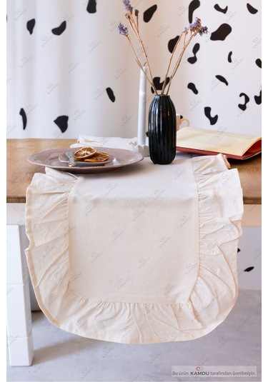 Düz Bej 40x125 Cm Vintage Fırfırlı %100 Keten Pamuklu Amerikan Runner Bej