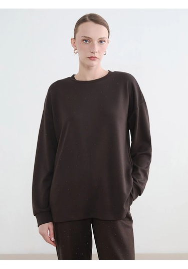 Lc Waikiki Kahverengi Taşlı Soft Touch Oversize Kadın Sweatshirt