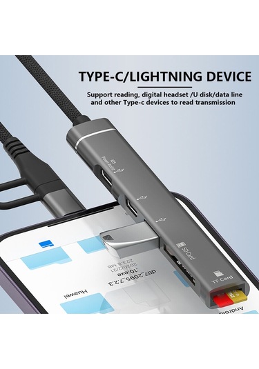 Cbtx Svt02 İphone+c Tipi Hub Adaptörü Uyumlu 2 Tip-c Bağlantı Noktası+usb+2 Kart Okuyucu Yuvası - Gri