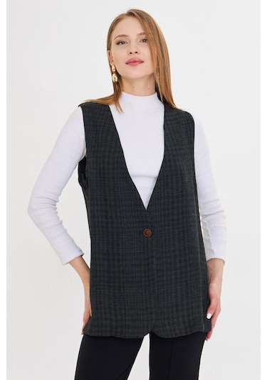 Armonika Kadın Haki V Yaka Tek Düğmeli Oversize Desenli Yelek Arm-25k001110
