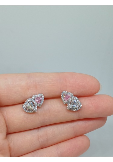 925 Ayar Gümüş Çift Kalpli Pembe Ve Beyaz Taşlı Çivi Küpe Zarif Ve Işıltılı Tasarım Gümüş