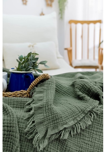 4 Katlı Müslin Yatak Örtüsü - Yeşil Renk Çift Kişilik Pike Yeşil