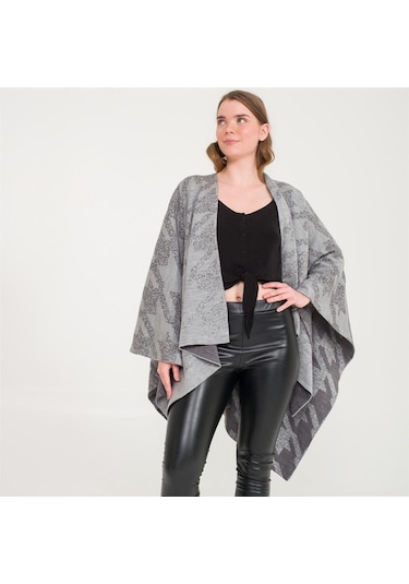 Kaz Ayağı Desen Çift Taraflı Triko Kadın Şal Panço-Antrasit-140X140 Antrasit
