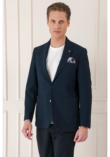 Comfort Fit Torba Cep Şeritli Dokuma Pamuk Casual Lacivert Ceket C 670 Lacivert