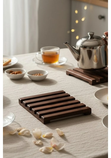 Weyne Kindra - Kare Nihale Çaydanlık Altlığı Ahşap Kahverengi
