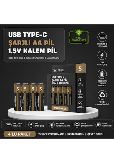 Usb Type-c Şarjlı Aa Lityum Pil 1.5v Sabit Çıkış 3200mwh 4 Lü Paket