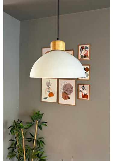 Perry Cam Tekli Avize Geniş Ahşap Beyaz Başlık Retro Sarkıt Lamba Restoran Salon Aydınlatma Beyaz