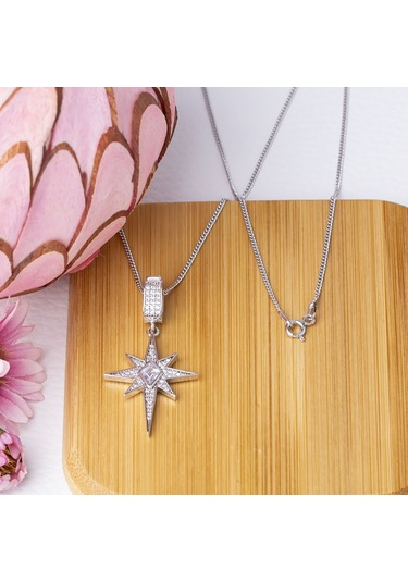 Kuzey Kutup Yıldızı Model-2 Zirkon Taşlı 925 Ayar Gümüş Kadın Kolye Gümüş - Rodyum