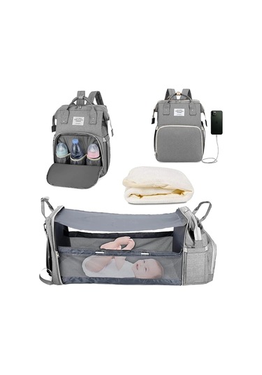 Jialan 3 In 1 Bebek Bezi Çantası Sırt Çantası Katlanabilir Bebek Gri
