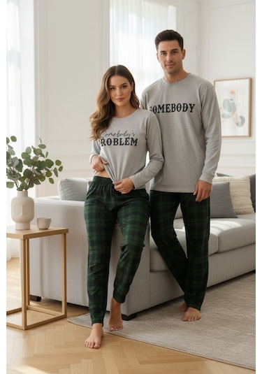 Bella Notte Erkek Yeşil Ekoseli Baskılı Sevgililer Günü Çift Pijama Takımı