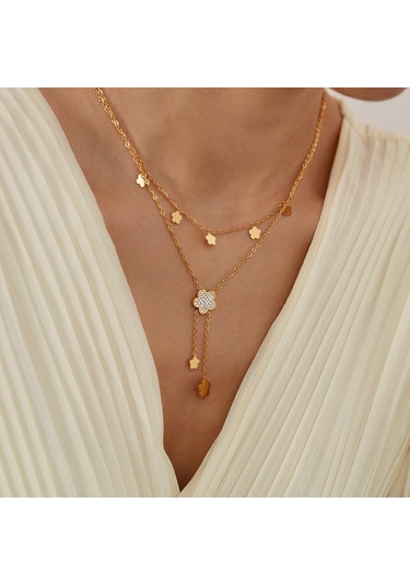 Sones Opk Gx2435 Vintage Basit Çift Katmanlı Yığılmış Püskül Çiçek Kolye Paslanmaz Çelik Kolye