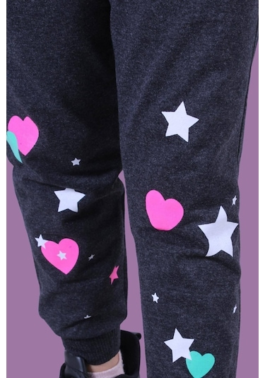 Kalp Ve Yıldız Desen Detaylı Kız Çocuk Antrasit Eşofman Altı Antrasit