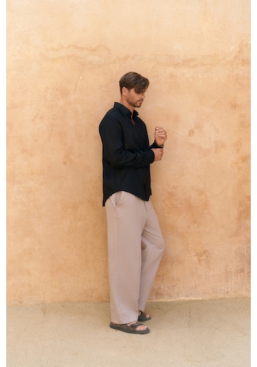 Mai Collection Mai Studios Co. Agnola Oversize Erkek Siyah Keten Gömlek Siyah