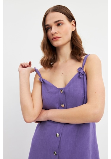 Stella Pulvis Mor Askılı Keten Mini Elbise Mor
