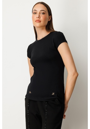 On Kadın Sıfır Yaka Ay Kol Basic Bluz 61302 Siyah Siyah