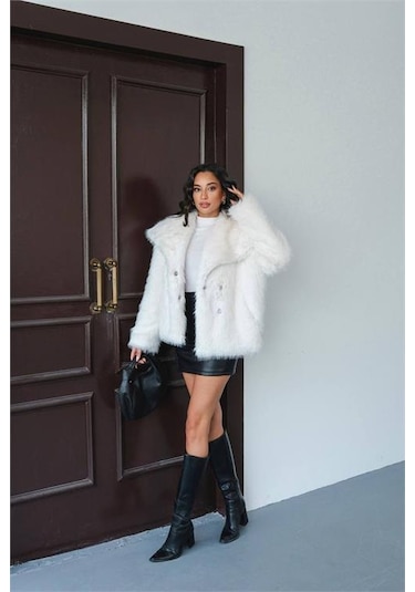 Neşeli Butik Kadın Ekru Astarlı Kürk Kaban Nbmylk32 Ekru