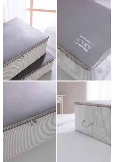 Ocean Home Textile 2 Adet Mega Boy Gri Çizgili Stuff&Things Baza Altı Hurç Set 74 x 46 x 22 cm