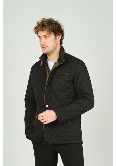 Daynax Erkek Dik Yaka Fermuar Ve Çıtçıt Kapamalı Kapitone Kaban 1000 Siyah Siyah